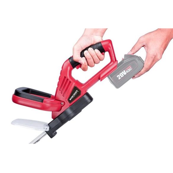 Akkumulátoros sövényvágó, Worcraft CHT-S20LiA ShareSYS, piros/fekete, 51 cm pengehossz, 20 V Li-Ion, 1200 löket/perc, ütésvédelem, maximum 20 mm ágvastagság, akkumulátor és töltő nélkül