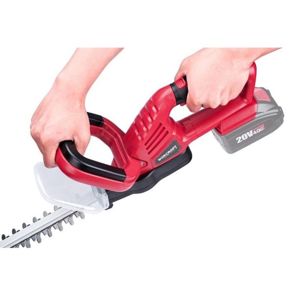 Akkumulátoros sövényvágó, Worcraft CHT-S20LiA ShareSYS, piros/fekete, 51 cm pengehossz, 20 V Li-Ion, 1200 löket/perc, ütésvédelem, maximum 20 mm ágvastagság, akkumulátor és töltő nélkül