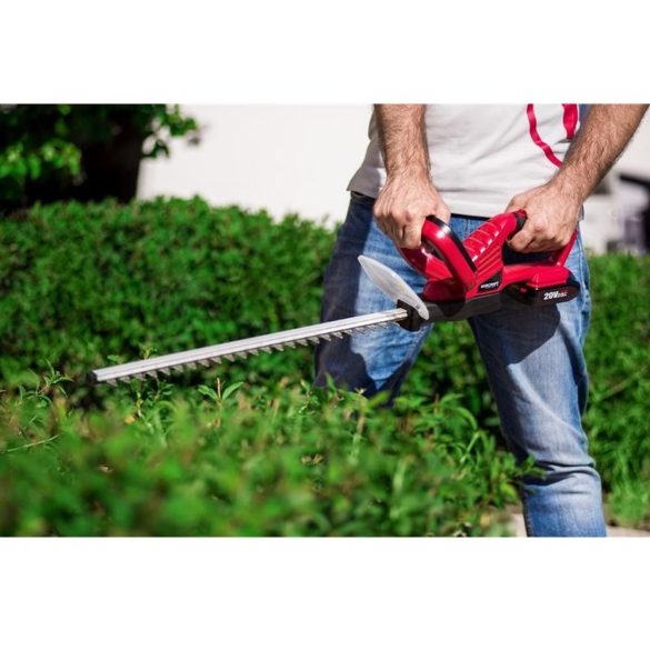 Akkumulátoros sövényvágó, Worcraft CHT-S20LiA ShareSYS, piros/fekete, 51 cm pengehossz, 20 V Li-Ion, 1200 löket/perc, ütésvédelem, maximum 20 mm ágvastagság, akkumulátor és töltő nélkül