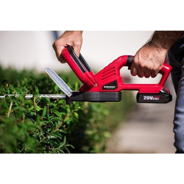 Akkumulátoros sövényvágó, Worcraft CHT-S20LiA ShareSYS, piros/fekete, 51 cm pengehossz, 20 V Li-Ion, 1200 löket/perc, ütésvédelem, maximum 20 mm ágvastagság, akkumulátor és töltő nélkül
