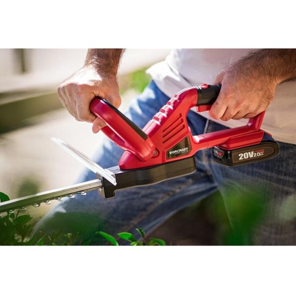 Akkumulátoros sövényvágó, Worcraft CHT-S20LiA ShareSYS, piros/fekete, 51 cm pengehossz, 20 V Li-Ion, 1200 löket/perc, ütésvédelem, maximum 20 mm ágvastagság, akkumulátor és töltő nélkül