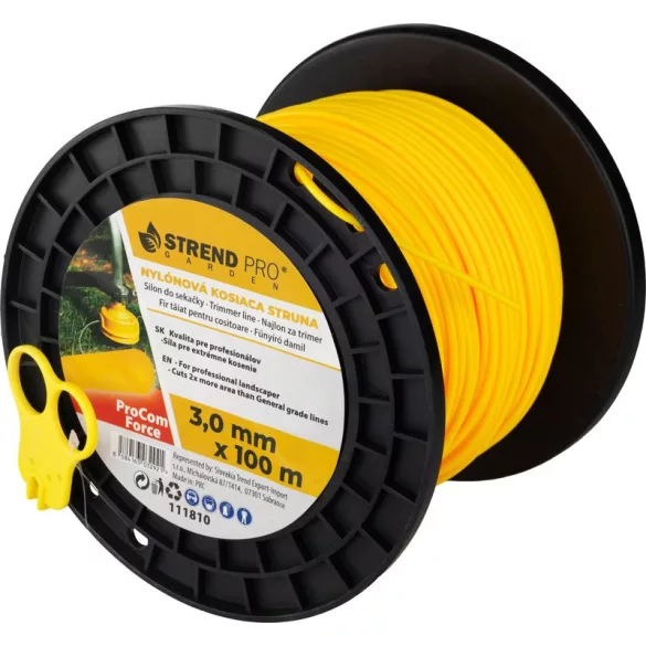 Fűkasza damil, Strend Pro Garden ProCom Force, 3,0 mm, 100 m, sárga, kerek, kopásálló, szakadásálló, túlmelegedésálló, tekercses