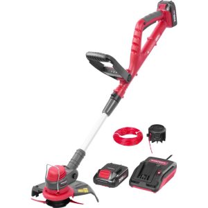 Akkumulátoros fűkasza, Worcraft CGT-S20LiSTA ShareSYS, piros/fekete, 24 cm, 2 Ah 20 V Li-Ion, 9000 fordulat/perc, teleszkópos nyél, tartozékokkal, akkumulátorral és töltővel
