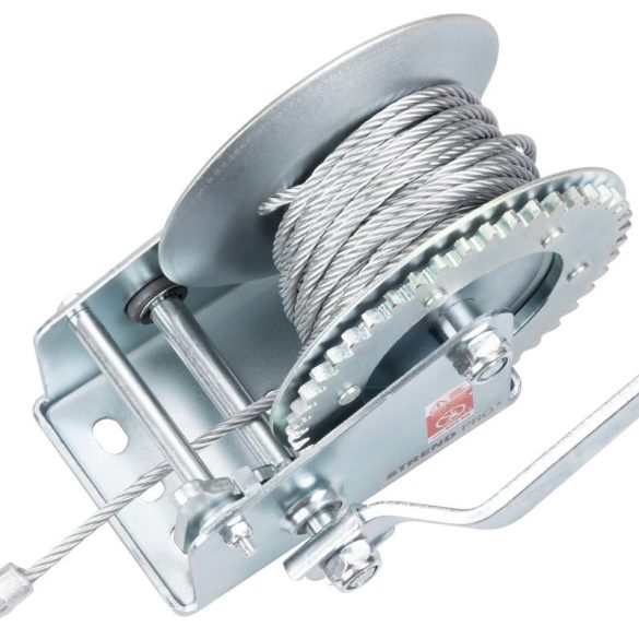 Csörlő, Strend Pro HW-100-800, ezüst, racsnis, kézi, 10 m acélkötél, 4,8 mm kötélátmérő, 800 kg teherbírás