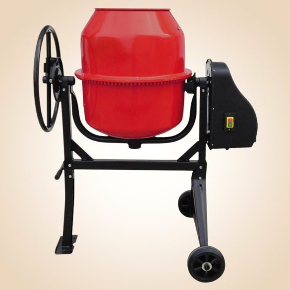 Betonkeverő, Strend Pro CMX16, piros/fekete, 550 W, 160 l, 230 V/50 Hz, porszórt acél váz és dob, 2 kerék, billenőmechanika