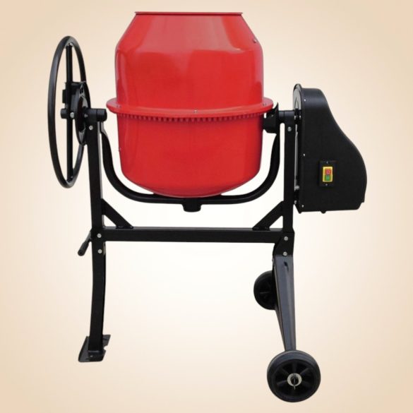 Betonkeverő, Strend Pro CMX20, piros/fekete, 800 W, 200 l, 230 V/50 Hz, porszórt acél váz és dob, 2 kerék, billenőmechanika