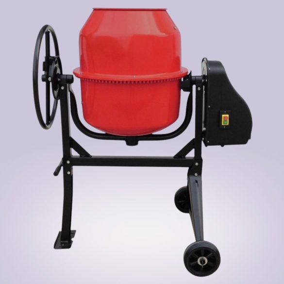 Betonkeverő, Strend Pro CMX20, piros/fekete, 800 W, 200 l, 230 V/50 Hz, porszórt acél váz és dob, 2 kerék, billenőmechanika