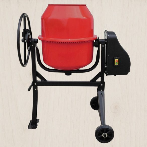 Betonkeverő, Strend Pro CMX20, piros/fekete, 800 W, 200 l, 230 V/50 Hz, porszórt acél váz és dob, 2 kerék, billenőmechanika