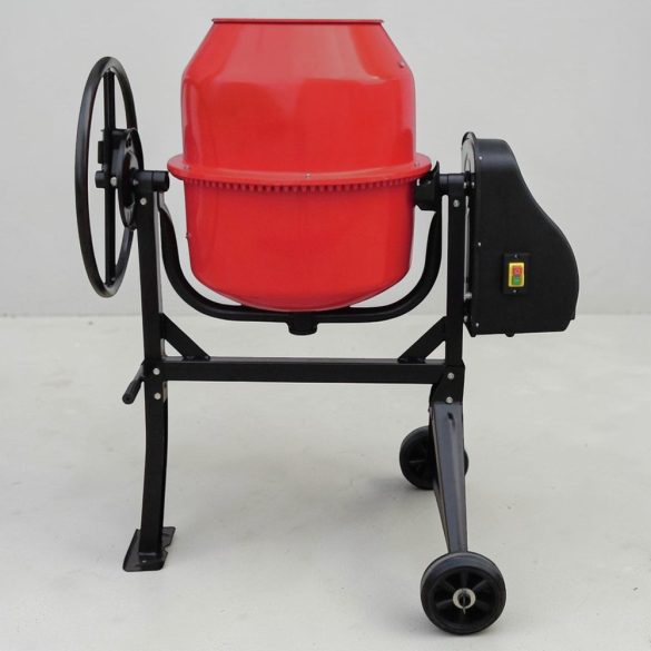 Betonkeverő, Strend Pro CMX20, piros/fekete, 800 W, 200 l, 230 V/50 Hz, porszórt acél váz és dob, 2 kerék, billenőmechanika