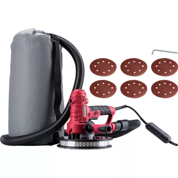 Elektromos falcsiszoló, Worcraft DS08-180, piros/fekete, 800 W, 230 V, csiszolótányér: 180 mm, fordulatszám: 1200/2300 fordulat/perc, LED világítás, porzsák, porszívó adapter