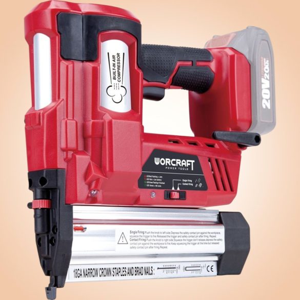 Akkumulátoros tűzőgép, szögbelövő, Worcraft CNS-S20LiH ShareSYS, piros/fekete, 18GA U alakú kapcsokhoz, 100 lövés/perc, 20 V Li-Ion, akkumulátor és töltő nélkül, kárpitos