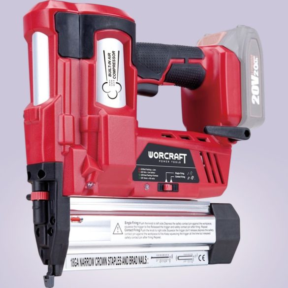 Akkumulátoros tűzőgép, szögbelövő, Worcraft CNS-S20LiH ShareSYS, piros/fekete, 18GA U alakú kapcsokhoz, 100 lövés/perc, 20 V Li-Ion, akkumulátor és töltő nélkül, kárpitos