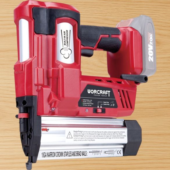 Akkumulátoros tűzőgép, szögbelövő, Worcraft CNS-S20LiH ShareSYS, piros/fekete, 18GA U alakú kapcsokhoz, 100 lövés/perc, 20 V Li-Ion, akkumulátor és töltő nélkül, kárpitos