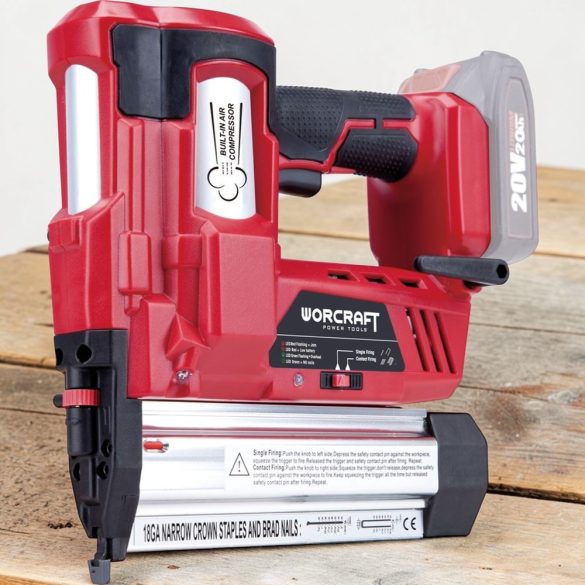 Akkumulátoros tűzőgép, szögbelövő, Worcraft CNS-S20LiH ShareSYS, piros/fekete, 18GA U alakú kapcsokhoz, 100 lövés/perc, 20 V Li-Ion, akkumulátor és töltő nélkül, kárpitos