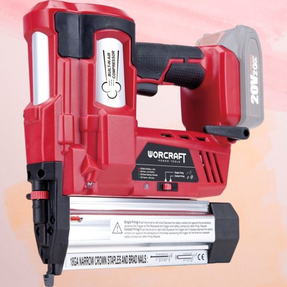 Akkumulátoros tűzőgép, szögbelövő, Worcraft CNS-S20LiH ShareSYS, piros/fekete, 18GA U alakú kapcsokhoz, 100 lövés/perc, 20 V Li-Ion, akkumulátor és töltő nélkül, kárpitos