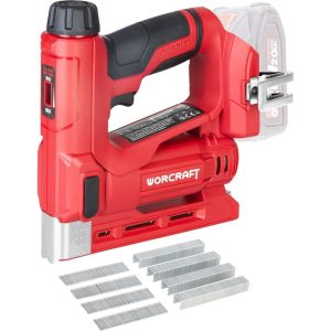 Akkumulátoros tűzőgép, szögbelövő, Worcraft CNS-S20LiC ShareSYS, piros/fekete, 8-14 mm kapocshossz, U alakú kapcsokhoz, 15 mm szeghossz, 20 V Li-Ion, akkumulátor és töltő nélkül