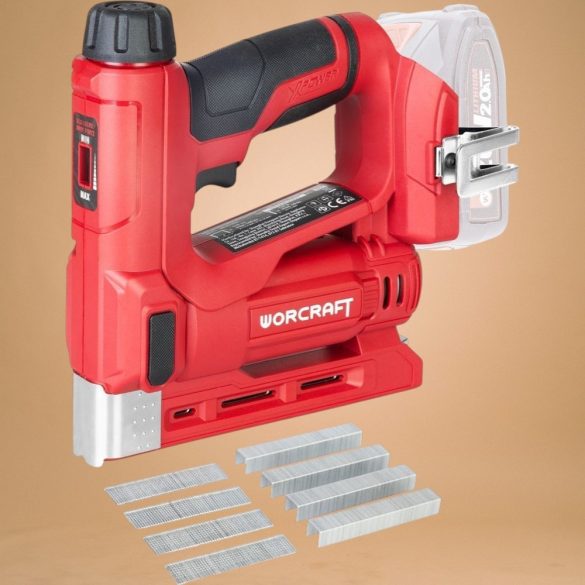 Akkumulátoros tűzőgép, szögbelövő, Worcraft CNS-S20LiC ShareSYS, piros/fekete, 8-14 mm kapocshossz, U alakú kapcsokhoz, 15 mm szeghossz, 20 V Li-Ion, akkumulátor és töltő nélkül