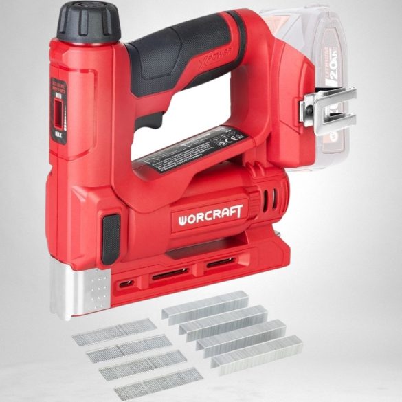 Akkumulátoros tűzőgép, szögbelövő, Worcraft CNS-S20LiC ShareSYS, piros/fekete, 8-14 mm kapocshossz, U alakú kapcsokhoz, 15 mm szeghossz, 20 V Li-Ion, akkumulátor és töltő nélkül