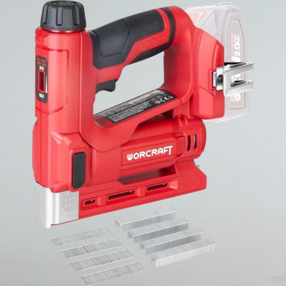 Akkumulátoros tűzőgép, szögbelövő, Worcraft CNS-S20LiC ShareSYS, piros/fekete, 8-14 mm kapocshossz, U alakú kapcsokhoz, 15 mm szeghossz, 20 V Li-Ion, akkumulátor és töltő nélkül