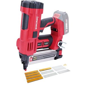 Akkumulátoros tűzőgép, szögbelövő, Worcraft CNS-S20LiB ShareSYS, piros/fekete, 10-40 mm kapocshossz, U alakú kapcsokhoz, 20-50 mm szeghossz, 20 V Li-Ion, akkumulátor és töltő nélkül