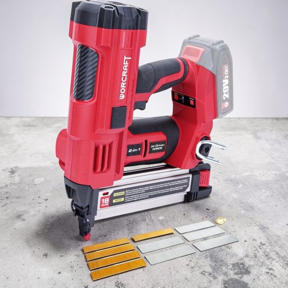 Akkumulátoros tűzőgép, szögbelövő, Worcraft CNS-S20LiB ShareSYS, piros/fekete, 10-40 mm kapocshossz, U alakú kapcsokhoz, 20-50 mm szeghossz, 20 V Li-Ion, akkumulátor és töltő nélkül