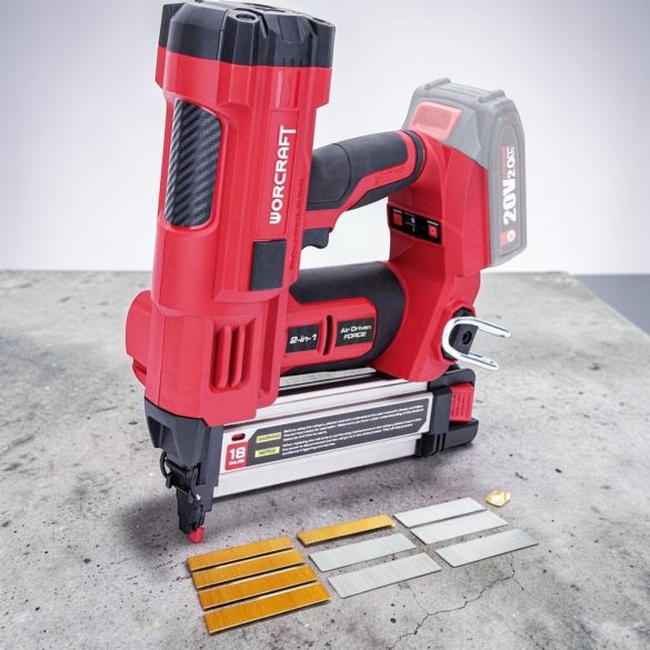 Akkumulátoros tűzőgép, szögbelövő, Worcraft CNS-S20LiB ShareSYS, piros/fekete, 10-40 mm kapocshossz, U alakú kapcsokhoz, 20-50 mm szeghossz, 20 V Li-Ion, akkumulátor és töltő nélkül