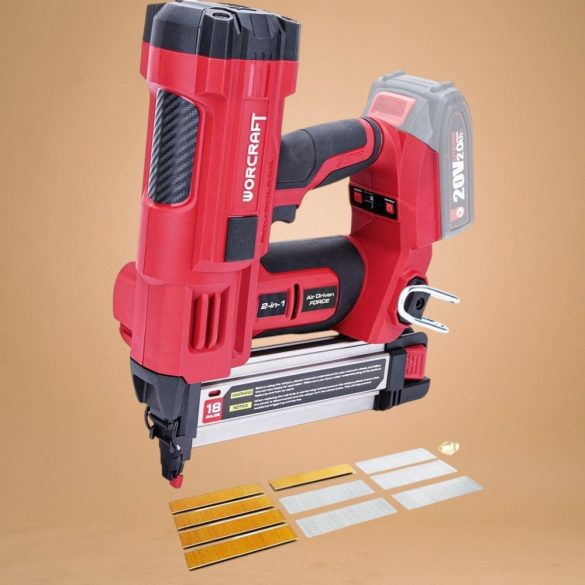 Akkumulátoros tűzőgép, szögbelövő, Worcraft CNS-S20LiB ShareSYS, piros/fekete, 10-40 mm kapocshossz, U alakú kapcsokhoz, 20-50 mm szeghossz, 20 V Li-Ion, akkumulátor és töltő nélkül