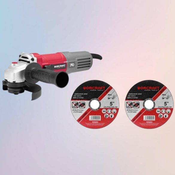 Elektromos sarokcsiszoló, Worcraft AG08-125P, piros/szürke, 125 mm, 710 W, 12 000 fordulat/perc, 230 V, 2 db koronggal