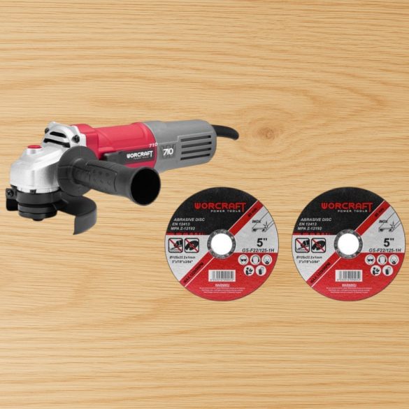 Elektromos sarokcsiszoló, Worcraft AG08-125P, piros/szürke, 125 mm, 710 W, 12 000 fordulat/perc, 230 V, 2 db koronggal