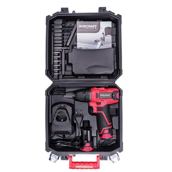 Akkumulátoros fúró-csavarozó, Worcraft CD-12LiA, piros/fekete, 24 Nm, 0-1300 fordulat/perc, 12 V Li-Ion, 2 x 1,3 Ah, tartozékokkal, akkumulátorral és töltővel, hordtáskában