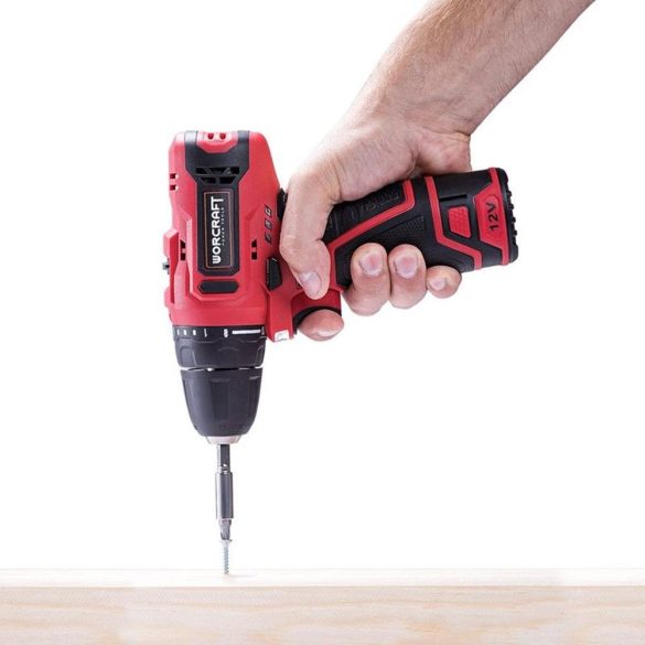 Akkumulátoros fúró-csavarozó, Worcraft CD-12LiA, piros/fekete, 24 Nm, 0-1300 fordulat/perc, 12 V Li-Ion, 2 x 1,3 Ah, tartozékokkal, akkumulátorral és töltővel, hordtáskában