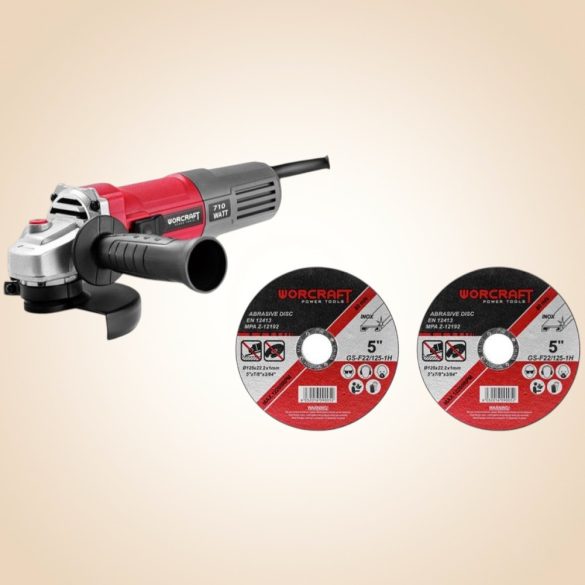 Elektromos sarokcsiszoló, Worcraft AG08-115P, piros/szürke, 115 mm, 710 W, 12 000 fordulat/perc, 230 V, 2 db koronggal
