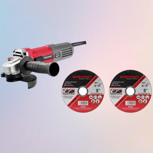 Elektromos sarokcsiszoló, Worcraft AG08-115P, piros/szürke, 115 mm, 710 W, 12 000 fordulat/perc, 230 V, 2 db koronggal