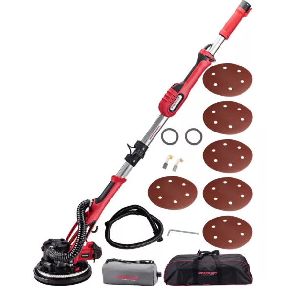 Elektromos falcsiszoló, Worcraft DS09-215, piros/fekete, 900 W, 230 V, csiszolótányér: 215 mm, fordulatszám: 800/1800 fordulat/perc, LED világítás, porzsák, hordtáska