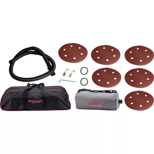 Elektromos falcsiszoló, Worcraft DS09-215, piros/fekete, 900 W, 230 V, csiszolótányér: 215 mm, fordulatszám: 800/1800 fordulat/perc, LED világítás, porzsák, hordtáska