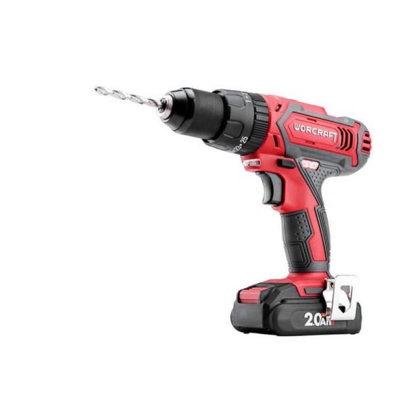 Akkumulátoros fúró-csavarozó, Worcraft CD-20LiH, piros/fekete, 50 Nm, 0-1500 fordulat/perc, 20 V Li-Ion, 2 x 2,0 Ah, akkumulátorral és töltővel, tartozékokkal, hordtáskában