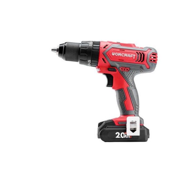 Akkumulátoros fúró-csavarozó, Worcraft CD-20LiH, piros/fekete, 50 Nm, 0-1500 fordulat/perc, 20 V Li-Ion, 2 x 2,0 Ah, akkumulátorral és töltővel, tartozékokkal, hordtáskában