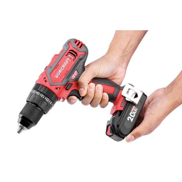 Akkumulátoros fúró-csavarozó, Worcraft CD-20LiH, piros/fekete, 50 Nm, 0-1500 fordulat/perc, 20 V Li-Ion, 2 x 2,0 Ah, akkumulátorral és töltővel, tartozékokkal, hordtáskában