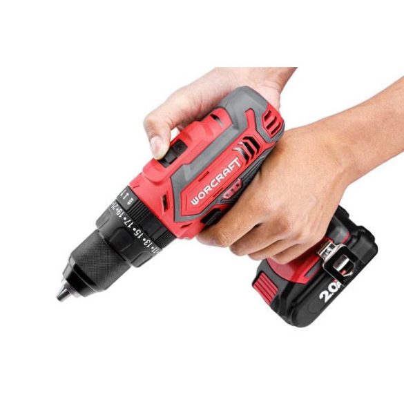 Akkumulátoros fúró-csavarozó, Worcraft CD-20LiH, piros/fekete, 50 Nm, 0-1500 fordulat/perc, 20 V Li-Ion, 2 x 2,0 Ah, akkumulátorral és töltővel, tartozékokkal, hordtáskában