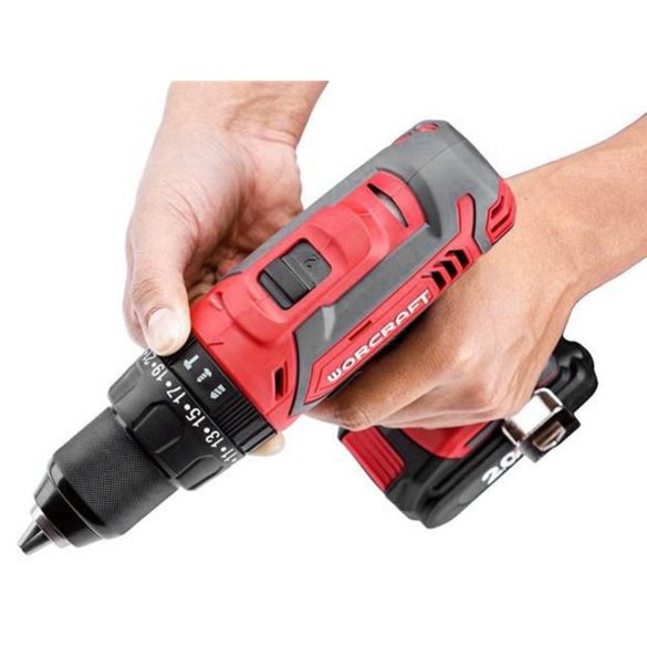 Akkumulátoros fúró-csavarozó, Worcraft CD-20LiH, piros/fekete, 50 Nm, 0-1500 fordulat/perc, 20 V Li-Ion, 2 x 2,0 Ah, akkumulátorral és töltővel, tartozékokkal, hordtáskában