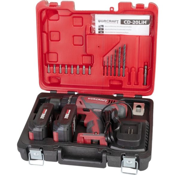 Akkumulátoros fúró-csavarozó, Worcraft CD-20LiH, piros/fekete, 50 Nm, 0-1500 fordulat/perc, 20 V Li-Ion, 2 x 2,0 Ah, akkumulátorral és töltővel, tartozékokkal, hordtáskában