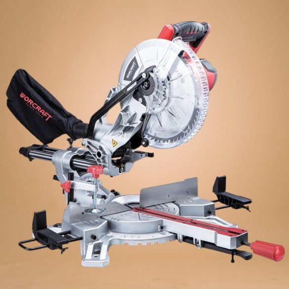 Elektromos gérvágó fűrész, Worcraft MS20-255, 2000 W, 255 mm tárcsa, 5000 fordulat/perc, 230 V, csúszó funkció, lézeres vezető, porzsák, oldaltámaszok