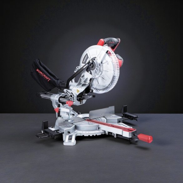 Elektromos gérvágó fűrész, Worcraft MS20-255, 2000 W, 255 mm tárcsa, 5000 fordulat/perc, 230 V, csúszó funkció, lézeres vezető, porzsák, oldaltámaszok