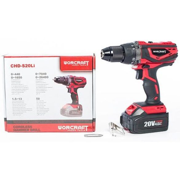Akkumulátoros fúró-csavarozó, Worcraft CHD-S20Li ShareSYS, piros/fekete, 50 Nm, 0-1650 fordulat/perc, 20V Li-Ion, akkumulátor és töltő nélkül