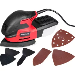  Elektromos multicsiszoló, Worcraft DS-220, piros/fekete, 220 W, 230 V, csiszolótalp: háromszög 148 × 85 × 148 mm, rezgéstartomány: 13 000/perc, bővítő talppal, kivehető porgyűjtő tartály