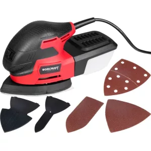 Elektromos multicsiszoló, Worcraft DS-220, piros/fekete, 220 W, 230 V, csiszolótalp: háromszög 148 × 85 × 148 mm, rezgéstartomány: 13 000/perc, bővítő talppal, kivehető porgyűjtő tartály
