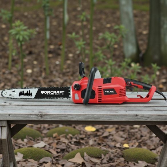 Elektromos láncfűrész, Worcraft WCE-2816 S, piros/fekete, 2400 W, vezetősín: 40,6 cm, 230 V, 14 m/s láncsebesség, 140 ml olajtartály
