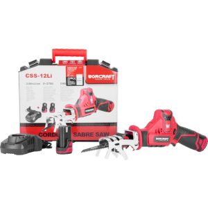 Akkumulátoros orrfűrész, Worcraft CSS-12Li, piros/fekete, 2 x 2,0 Ah 12 V Li-Ion,  0-2700 löket/perc, lökethossz: 20 mm, akkumulátorral, töltővel