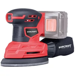   Akkumulátoros multicsiszoló, Worcraft CPMS-S20Li ShareSYS, piros/fekete, 20 V Li-Ion, csiszolótalp: háromszög 145 x 95 x 145 mm, rezgéstartomány: 11 000/perc, porgyűjtő tartály, akkumulátor és töltő nélkül