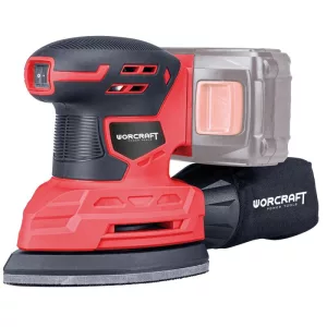 Akkumulátoros multicsiszoló, Worcraft CPMS-S20Li ShareSYS, piros/fekete, 20 V Li-Ion, csiszolótalp: háromszög 145 x 95 x 145 mm, rezgéstartomány: 11 000/perc, porgyűjtő tartály, akkumulátor és töltő nélkül